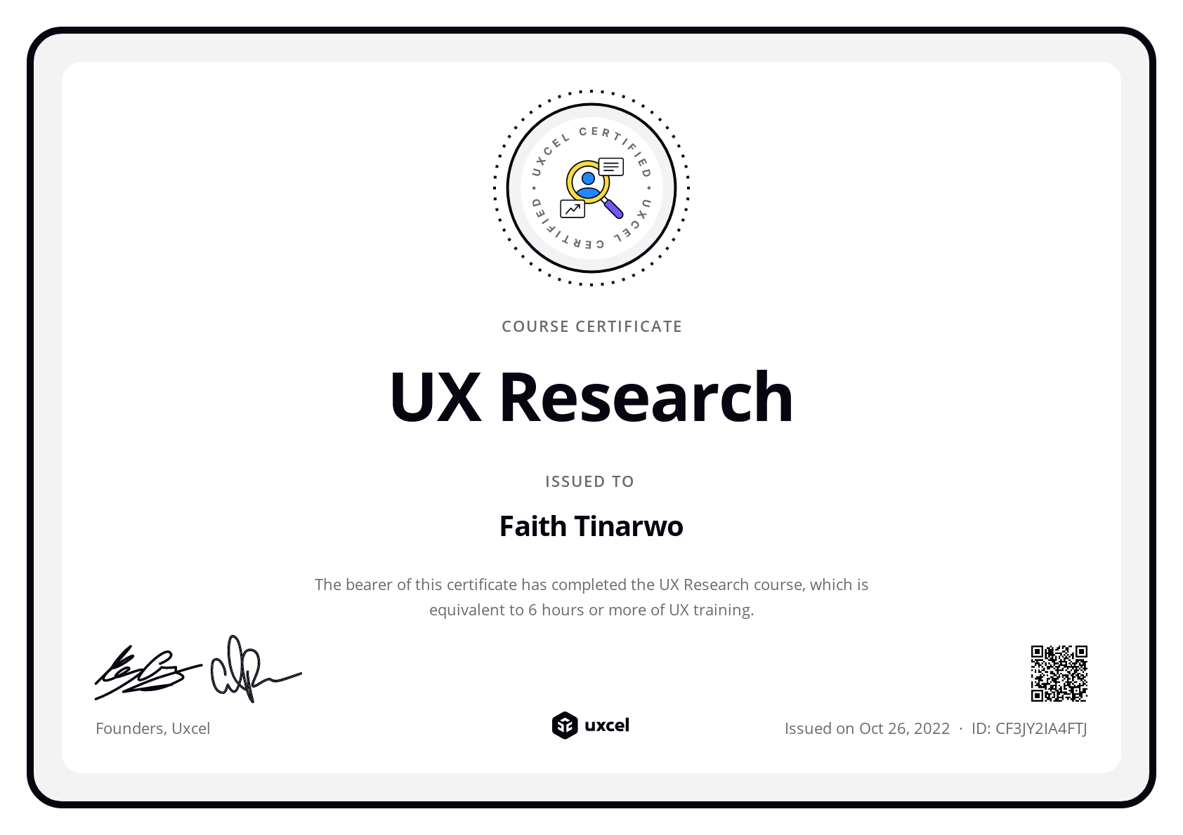 Faith Tinarwo's certificate